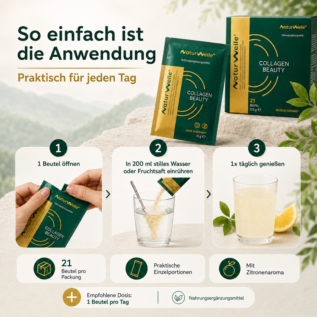 Anwendung von NaturWelle Collagen Beauty: 1 Beutel täglich in 200 ml Wasser oder Fruchtsaft einrühren und genießen