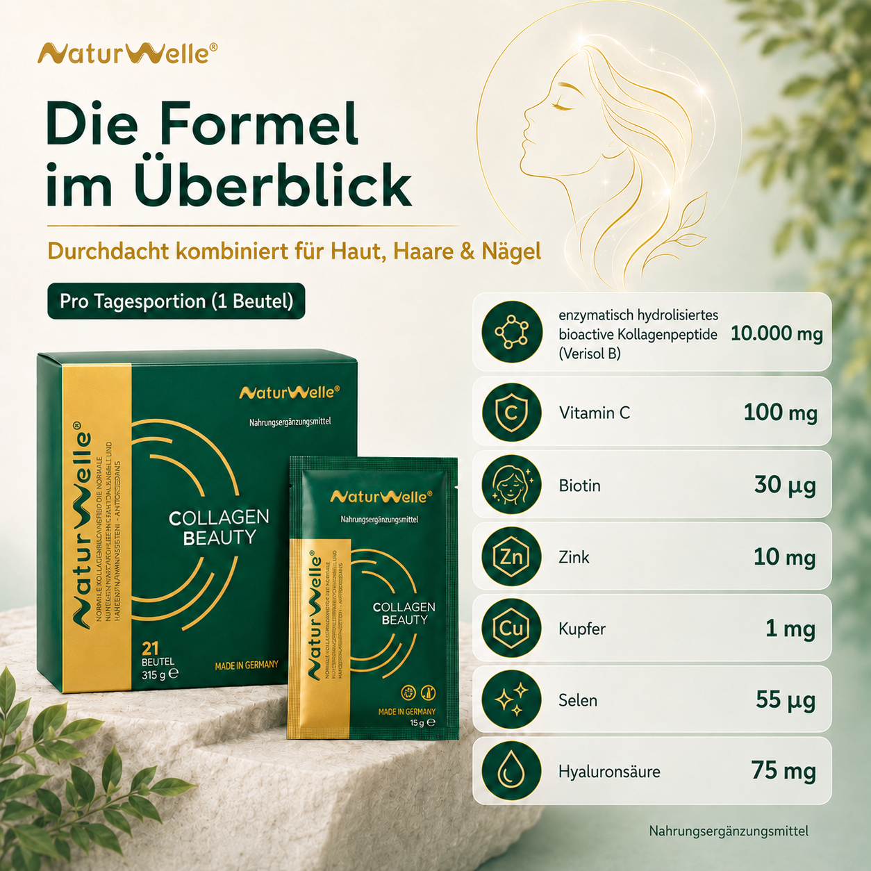 NaturWelle Collagen Beauty Inhaltsstoffe pro Tagesportion mit VERISOL® Kollagenpeptiden, Vitamin C, Biotin, Zink, Kupfer, Selen und Hyaluronsäure