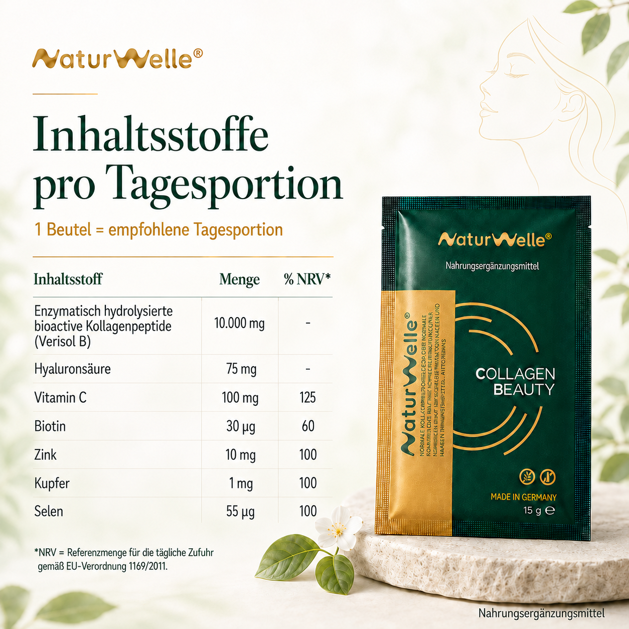 NaturWelle Collagen Beauty Formel mit 10.000 mg bioaktiven VERISOL® Kollagenpeptiden, Vitamin C, Biotin, Zink, Kupfer, Selen und Hyaluronsäure
