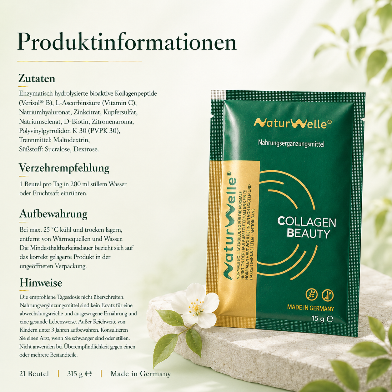 Produktinformationen zu NaturWelle Collagen Beauty mit Zutaten, Verzehrempfehlung, Aufbewahrung und Hinweisen, Made in Germany