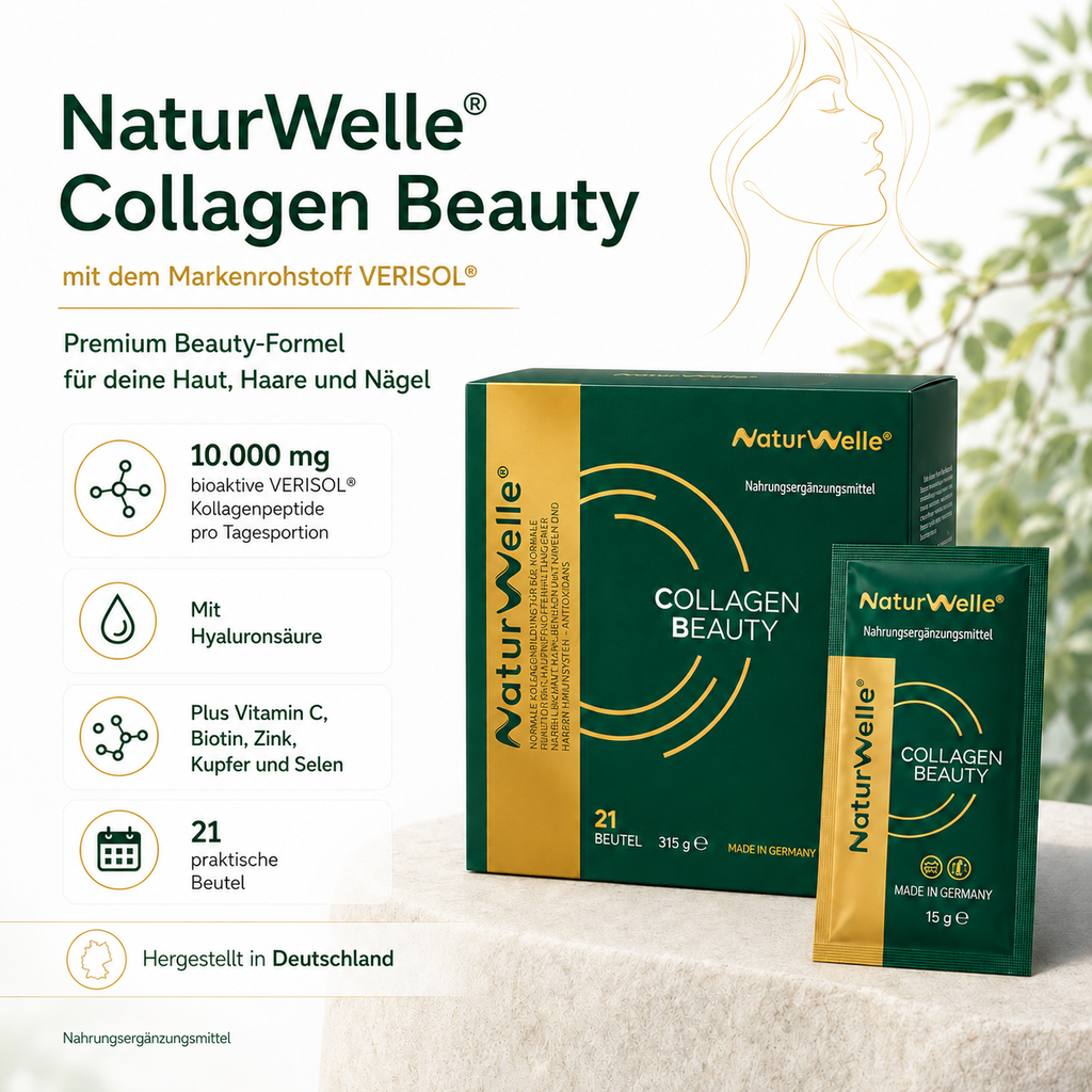 NaturWelle Collagen Beauty mit 10.000 mg VERISOL® Kollagenpeptiden, Hyaluronsäure, Vitamin C, Biotin, Zink, Kupfer und Selen für Haut, Haare und Nägel