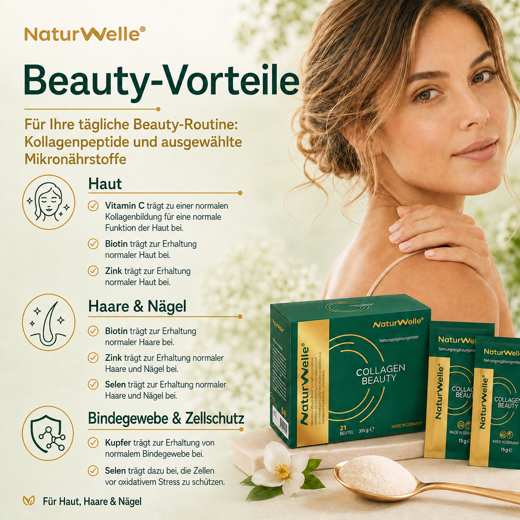 NaturWelle Collagen Beauty mit VERISOL® Kollagenpeptiden sowie Vitamin C, Biotin, Zink, Kupfer und Selen für Haut, Haare, Nägel und Zellschutz