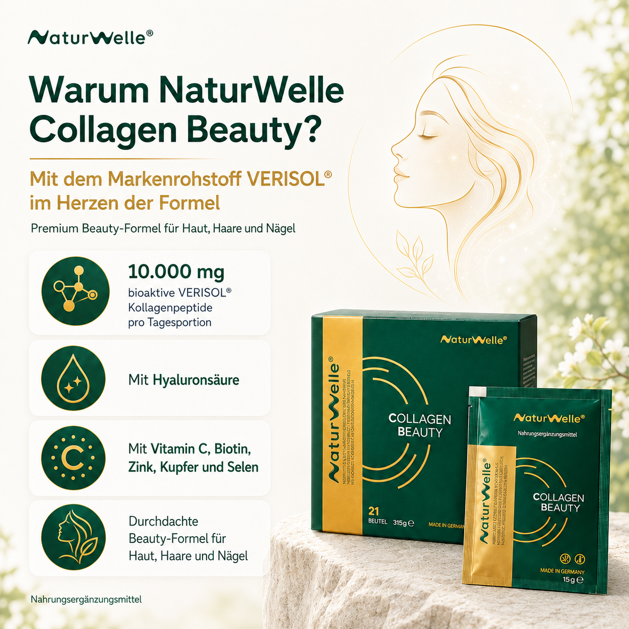 NaturWelle Collagen Beauty Premium-Formel mit 10.000 mg VERISOL® Kollagenpeptiden, Hyaluronsäure sowie Mikronährstoffen für schöne Haut, Haare und Nägel