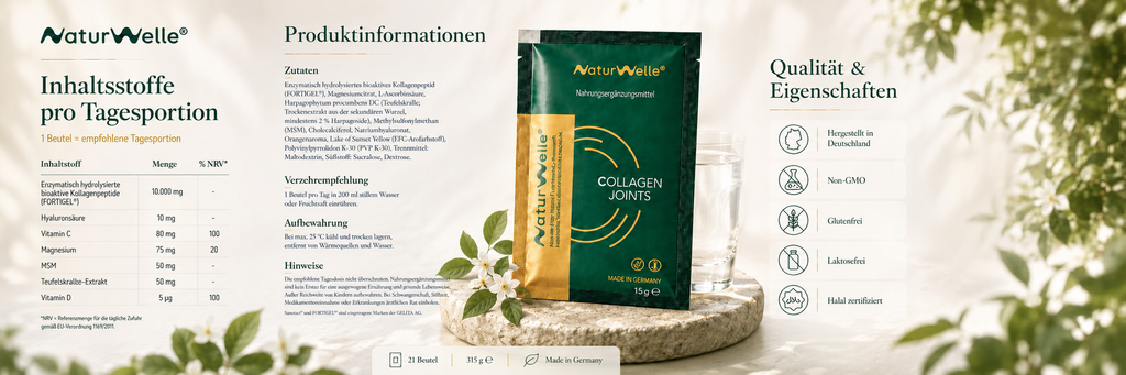 NaturWelle Collagen Joints Produktinformationen mit Inhaltsstoffen pro Tagesportion, Zutaten, Verzehrempfehlung und Qualitätseigenschaften
