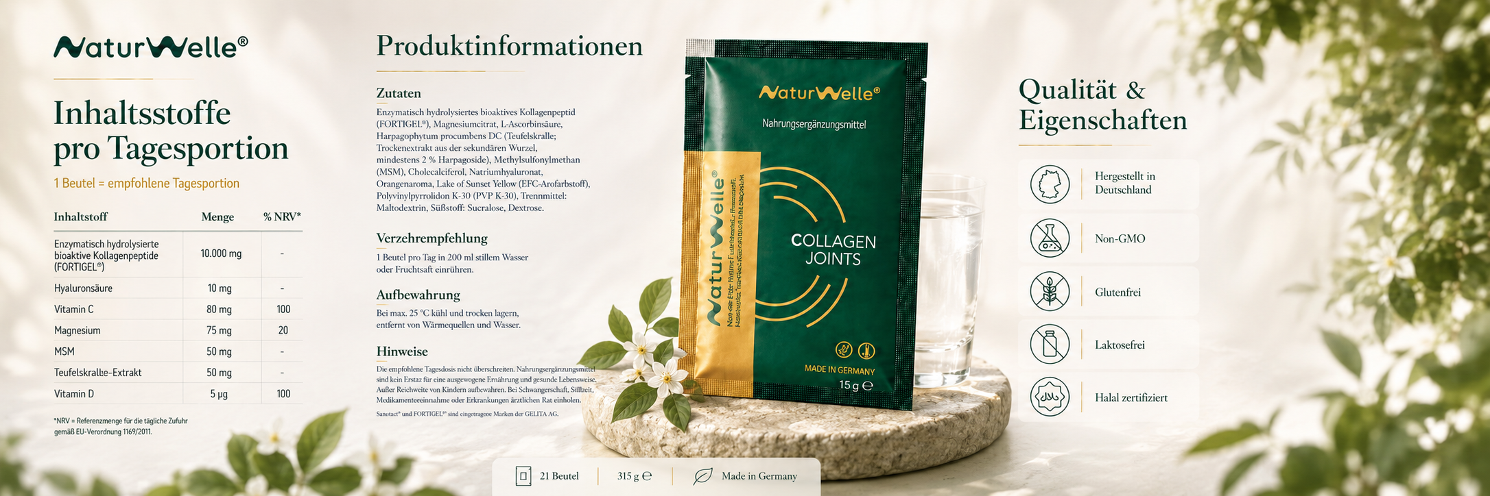 NaturWelle Collagen Joints Produktinformationen mit Inhaltsstoffen pro Tagesportion, Zutaten, Verzehrempfehlung und Qualitätseigenschaften