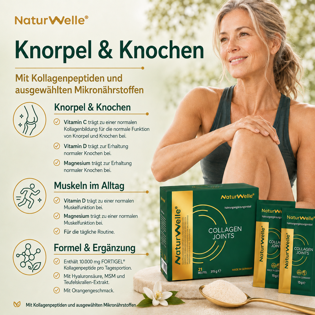 NaturWelle Collagen Joints mit FORTIGEL® Kollagenpeptiden, Hyaluronsäure, MSM, Vitamin C, D und Magnesium zur Unterstützung von Knorpel, Knochen und Muskeln – Made in Germany