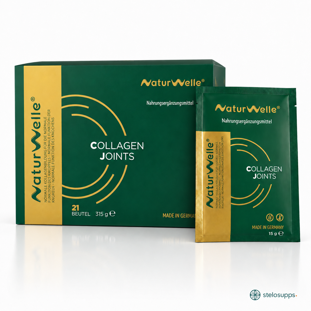 NaturWelle Collagen Joints Produktbild mit Box und Portionsbeutel, 21 Beutel, 315 g, Made in Germany