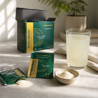 NaturWelle Collagen Joints Box, Portionsbeutel, Pulver und Glas mit angerührtem Getränk zur täglichen Anwendung