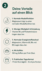 NaturWelle Energy Complex Infografik für den deutschen Markt mit fünf Vorteilen: normale Muskelfunktion, weniger Müdigkeit, normaler Energiestoffwechsel, 150 mg Koffein und praktisches Tagesformat als 25 ml Trink-Shot.