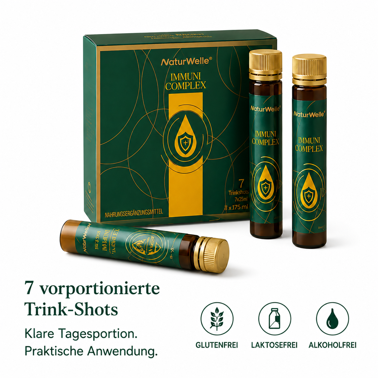 NaturWelle Immuni Complex mit 7 vorportionierten Trinkshots, klarer Tagesportion und praktischer Anwendung.