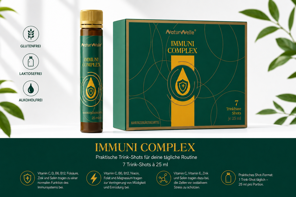 NaturWelle Immuni Complex Hero-Bild mit Box, Trinkshot und Icons für glutenfrei, laktosefrei und alkoholfrei.