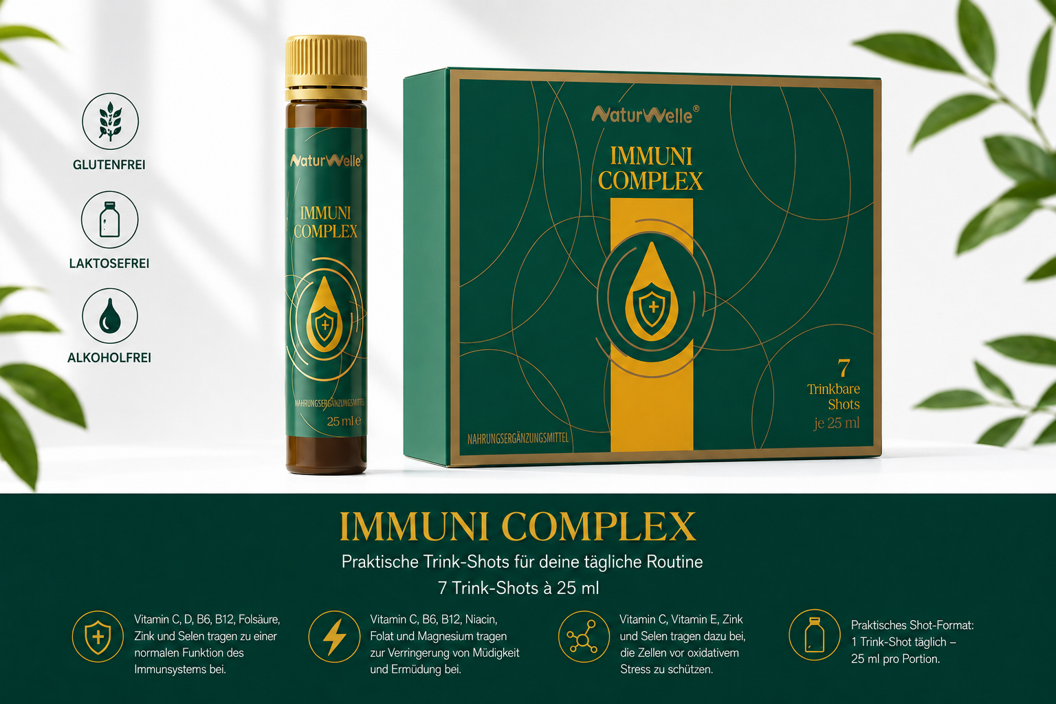 NaturWelle Immuni Complex Hero-Bild mit Box, Trinkshot und Icons für glutenfrei, laktosefrei und alkoholfrei.