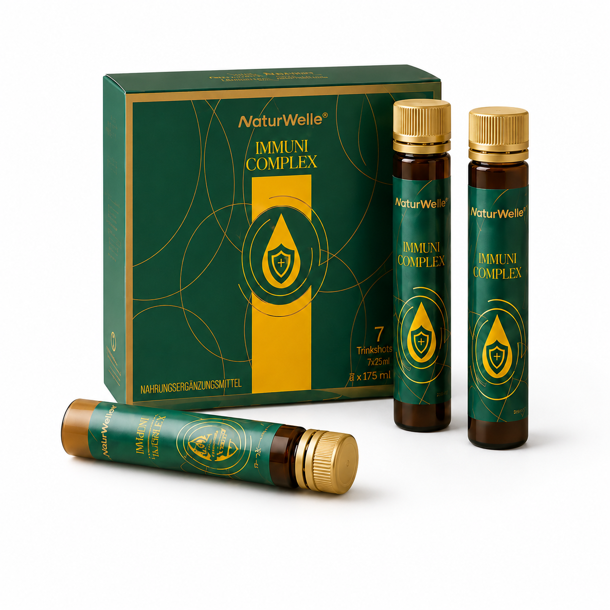 NaturWelle Immuni Complex Produktfoto mit Box und Trinkshots auf weißem Hintergrund.