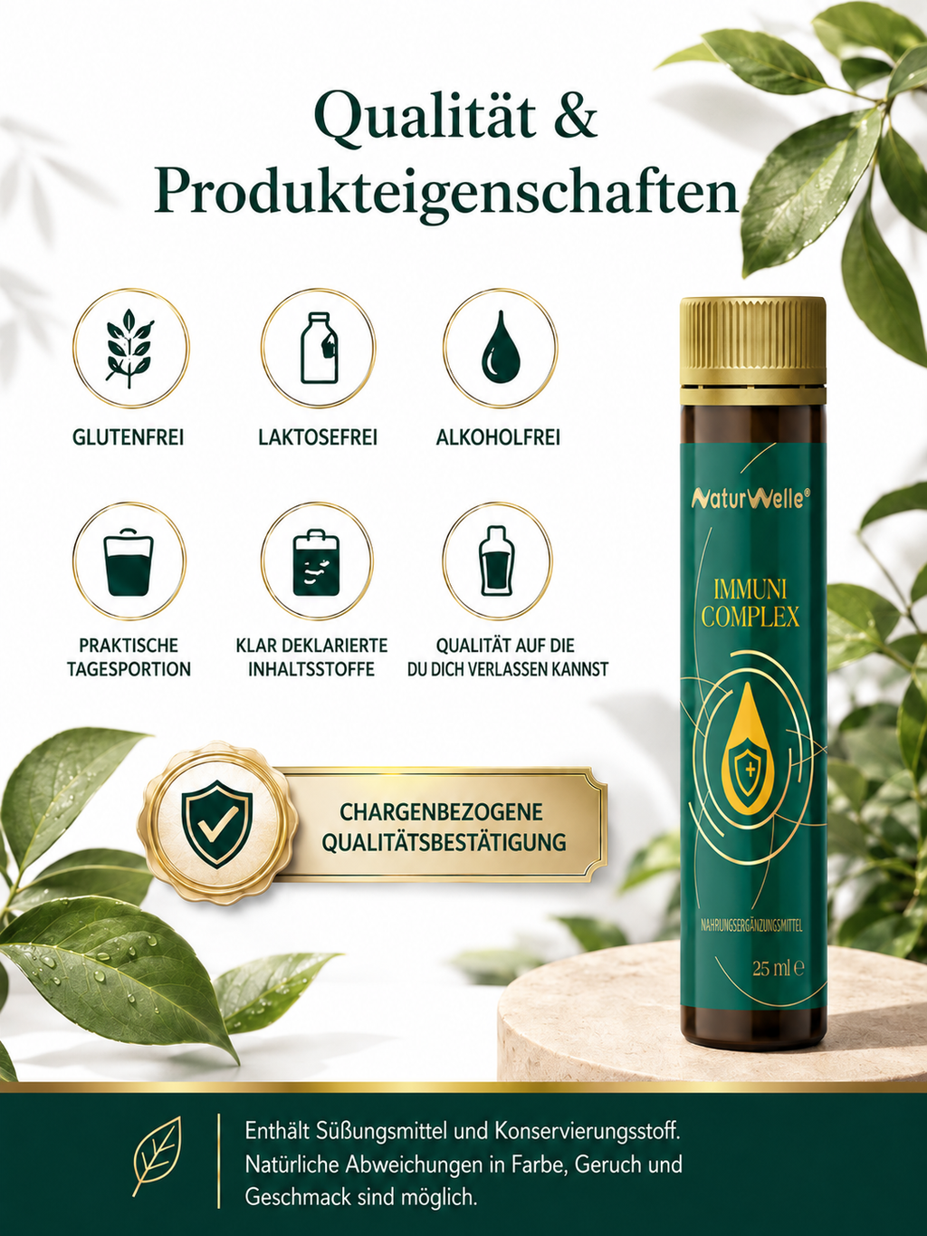 Qualitätsübersicht für NaturWelle Immuni Complex mit Produkt, Eigenschaften und chargenbezogener Qualitätsbestätigung.