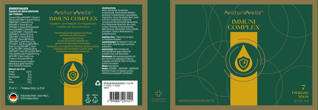 NaturWelle Immuni Complex Verpackung mit Nährwertangaben, Zutaten und Produktinformationen zu 7 Trinkshots.