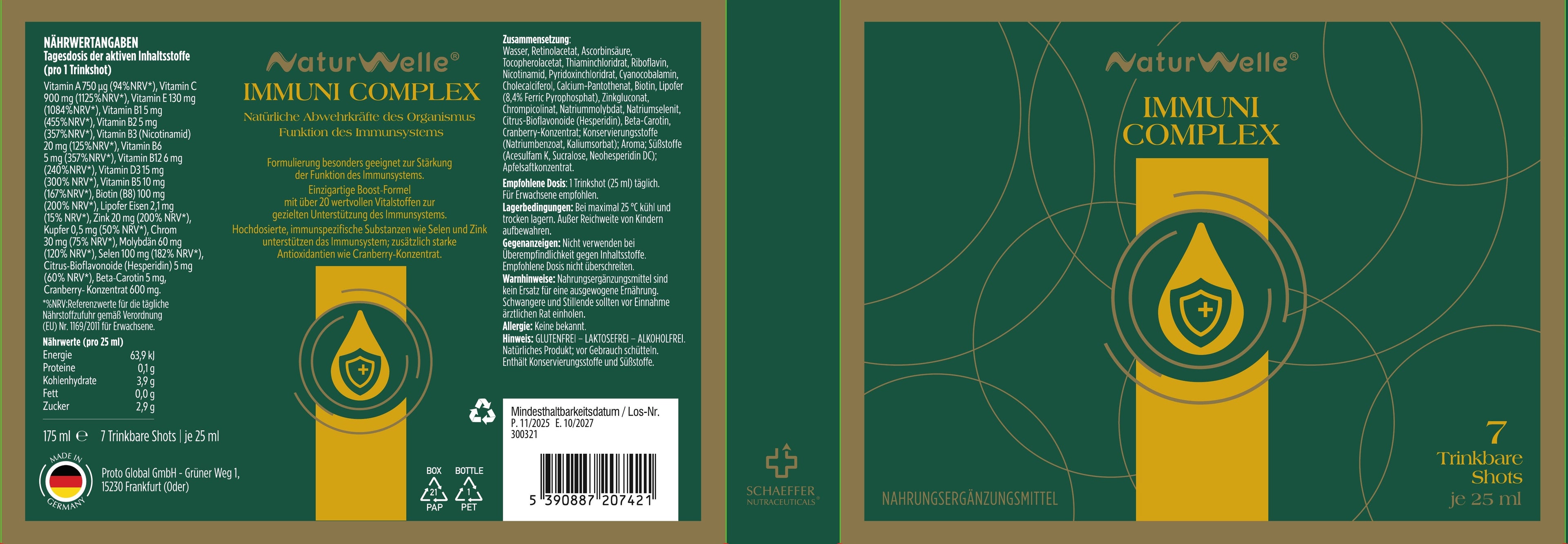 NaturWelle Immuni Complex Verpackung mit Nährwertangaben, Zutaten und Produktinformationen zu 7 Trinkshots.