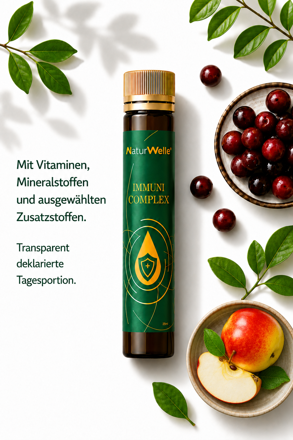 NaturWelle Immuni Complex mit Vitaminen, Mineralstoffen und ausgewählten Zusatzstoffen in transparenter Tagesportion.