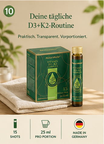 NaturWelle Vitamin D3+K2 Complex für die tägliche Routine, 15 Shots à 25 ml, praktisch vorportioniert und Made in Germany.