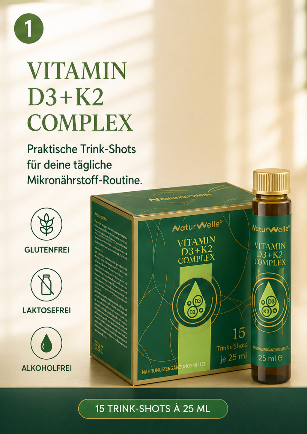 NaturWelle Vitamin D3+K2 Complex als praktische Trink-Shots für die tägliche Mikronährstoff-Routine, 15 Trink-Shots à 25 ml, glutenfrei, laktosefrei und alkoholfrei.