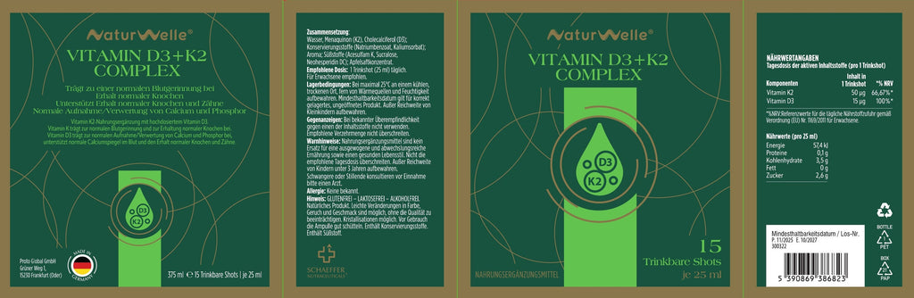 Rundumansicht des Verpackungsdesigns von NaturWelle Vitamin D3+K2 Complex mit Nährwertangaben, Inhaltsstoffen, Dosierung und 15 trinkbaren Shots je 25 ml.