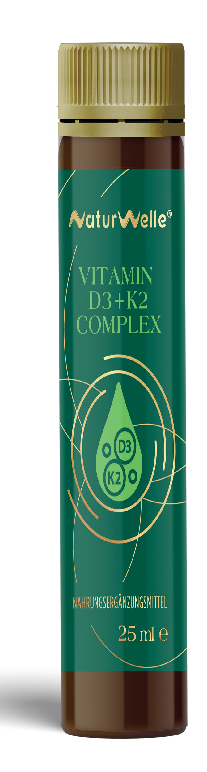 NaturWelle Vitamin D3+K2 Complex Einzelshot mit 25 ml Inhalt, flüssiges Nahrungsergänzungsmittel im praktischen Trink-Shot-Format.