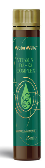 NaturWelle Vitamin D3+K2 Complex Einzelshot mit 25 ml Inhalt, flüssiges Nahrungsergänzungsmittel im praktischen Trink-Shot-Format.