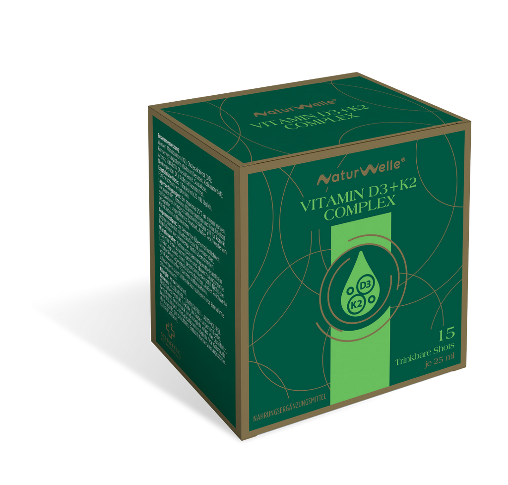 NaturWelle Vitamin D3+K2 Complex Produktbox mit 15 trinkbaren Shots je 25 ml, Nahrungsergänzungsmittel in grüner Premium-Verpackung.