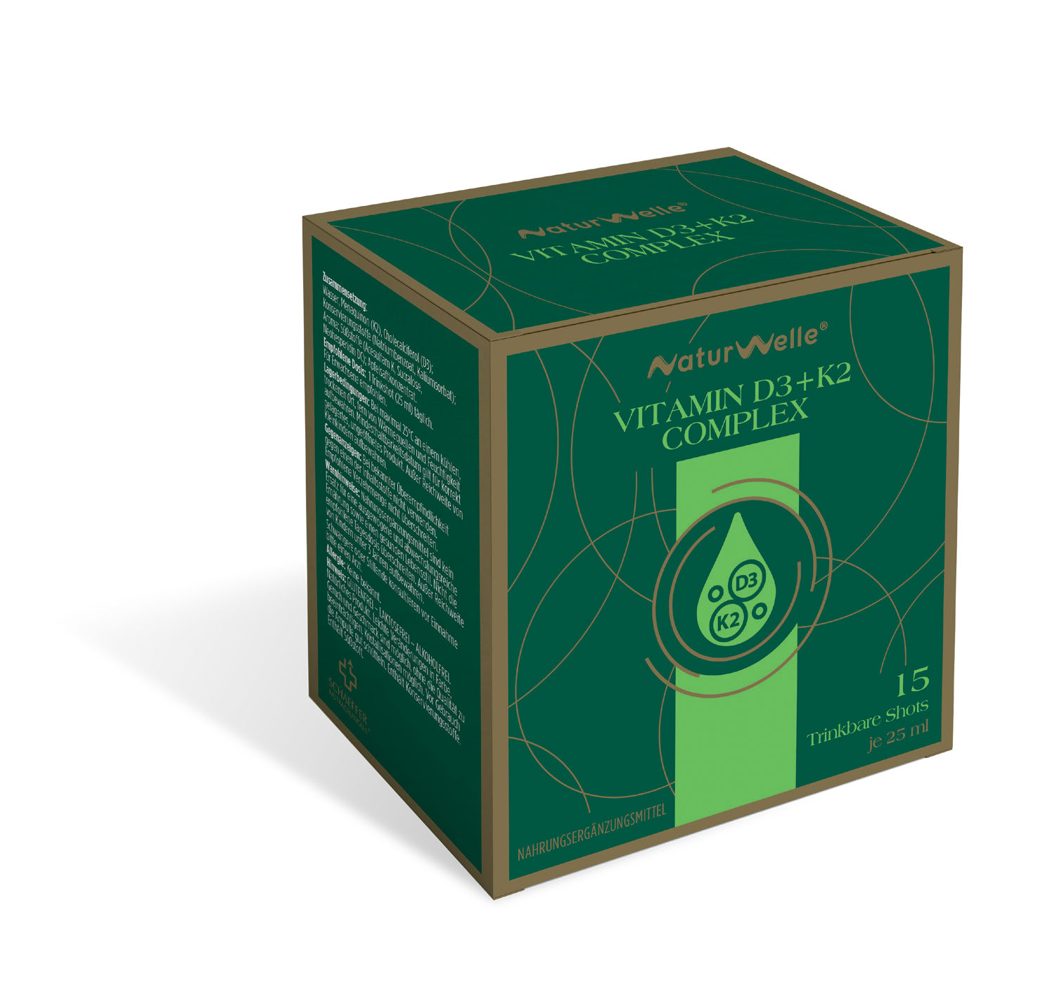 NaturWelle Vitamin D3+K2 Complex Produktbox mit 15 trinkbaren Shots je 25 ml, Nahrungsergänzungsmittel in grüner Premium-Verpackung.