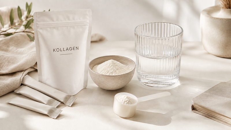 Kollagenpulver, Portionssticks und ein Glas Wasser in einer hellen, ruhigen Umgebung.