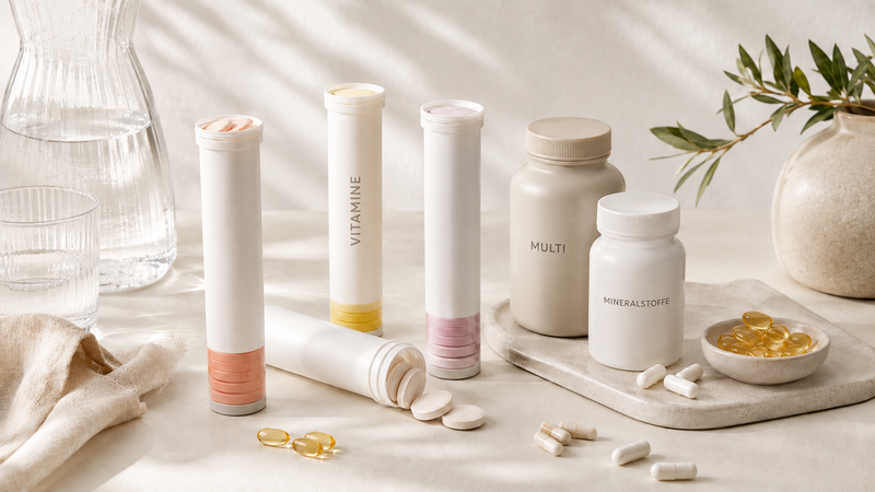 Verschiedene Darreichungsformen von Nahrungsergänzungsmitteln mit Brausetabletten, Kapseln und Softgels.