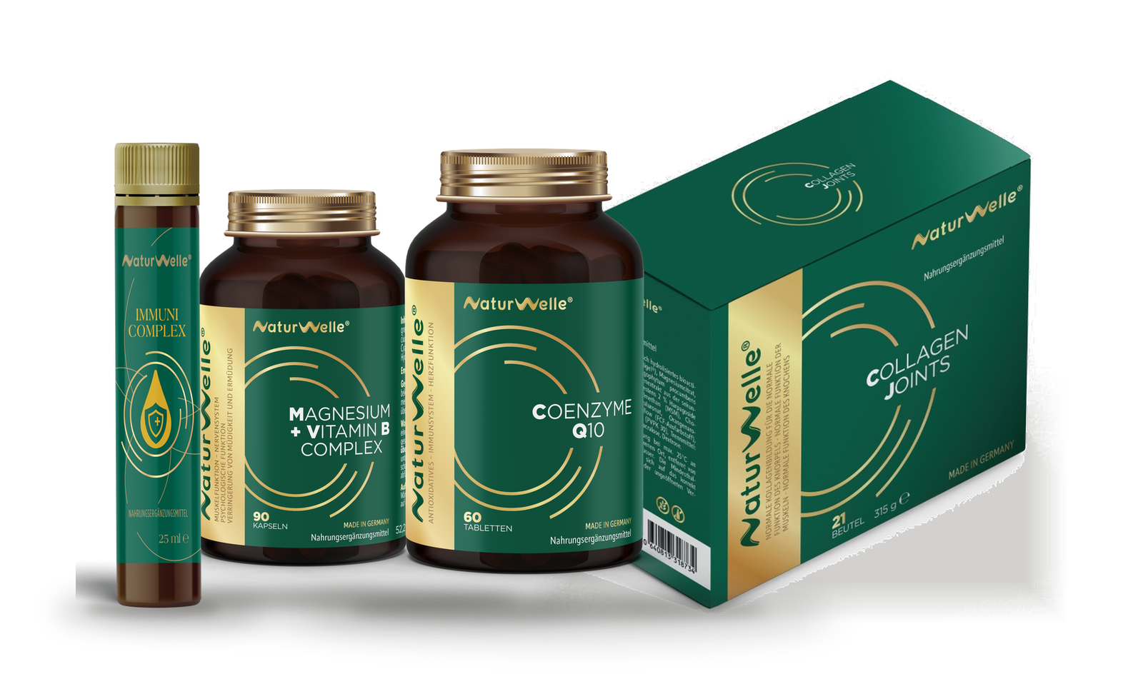 Produktauswahl von SteloSupps mit Kapseln, Drink-Shots und Sachets