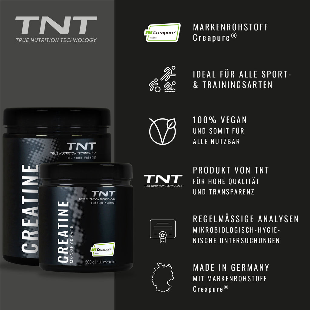 TNT Creatine Monohydrate – Merkmale: Creapure®, vegan, Made in Germany, regelmäßige Analysen