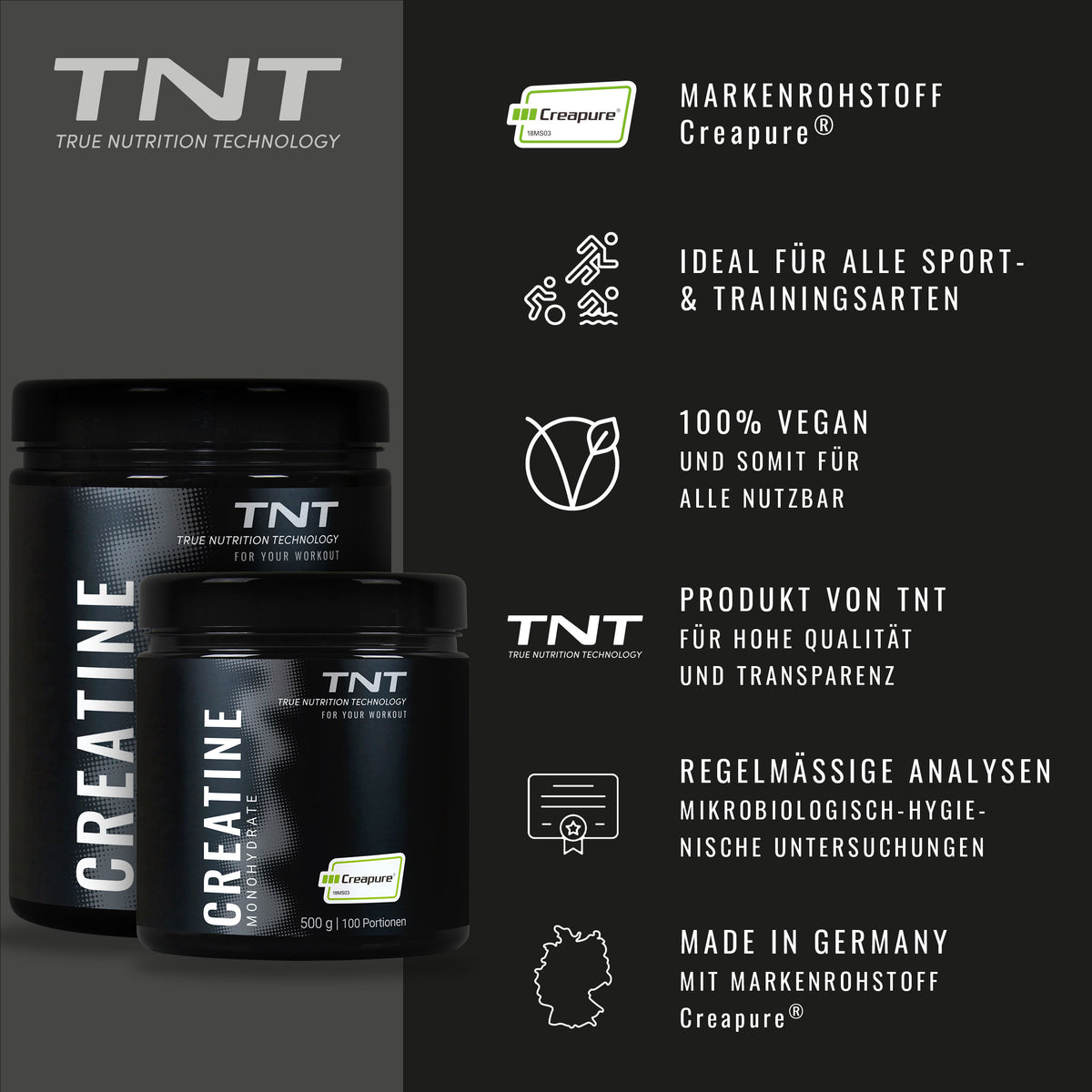 TNT Creatine Monohydrate – Merkmale: Creapure®, vegan, Made in Germany, regelmäßige Analysen