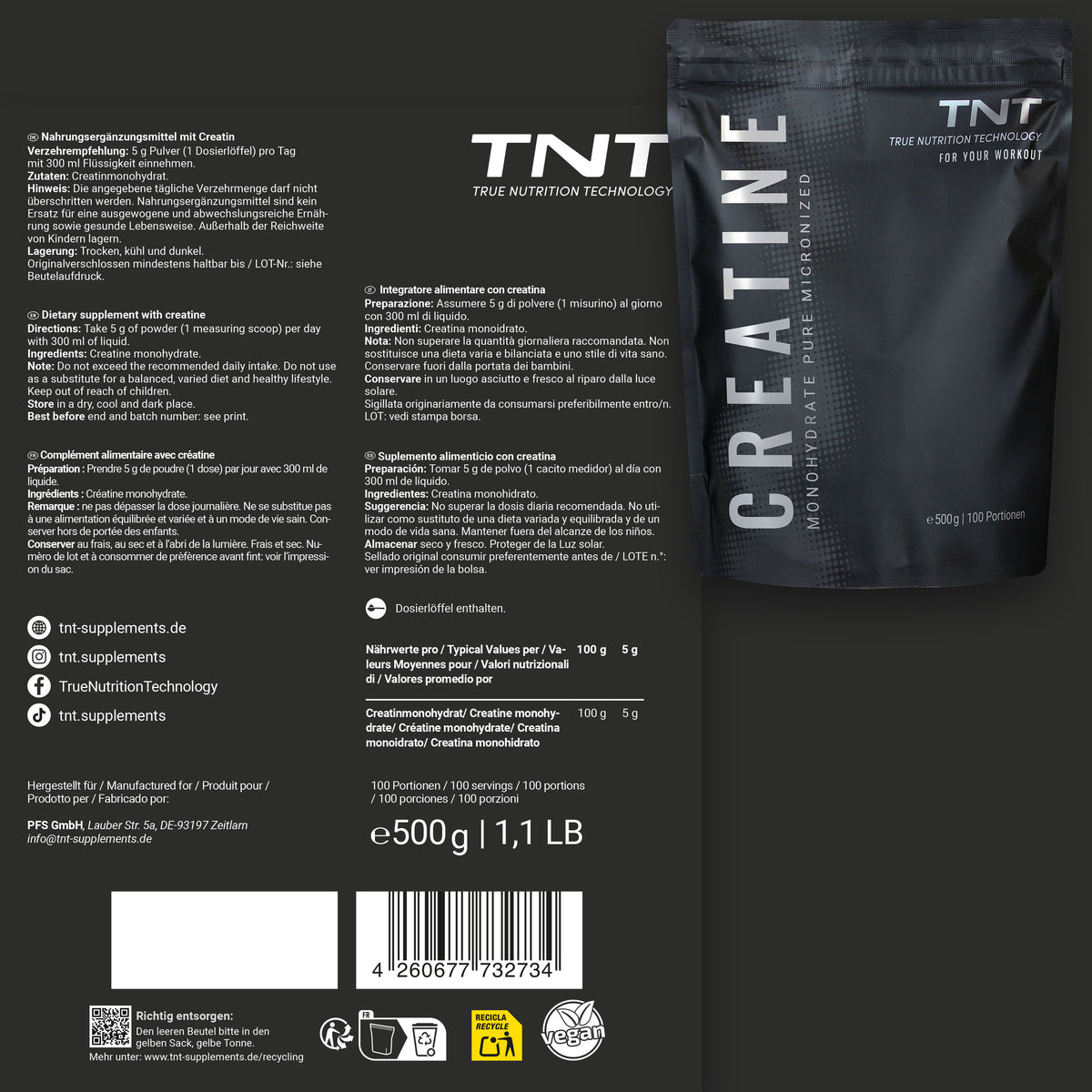 TNT Creatine Pure Micronized – Etikett mit Zutaten und Verzehrempfehlung