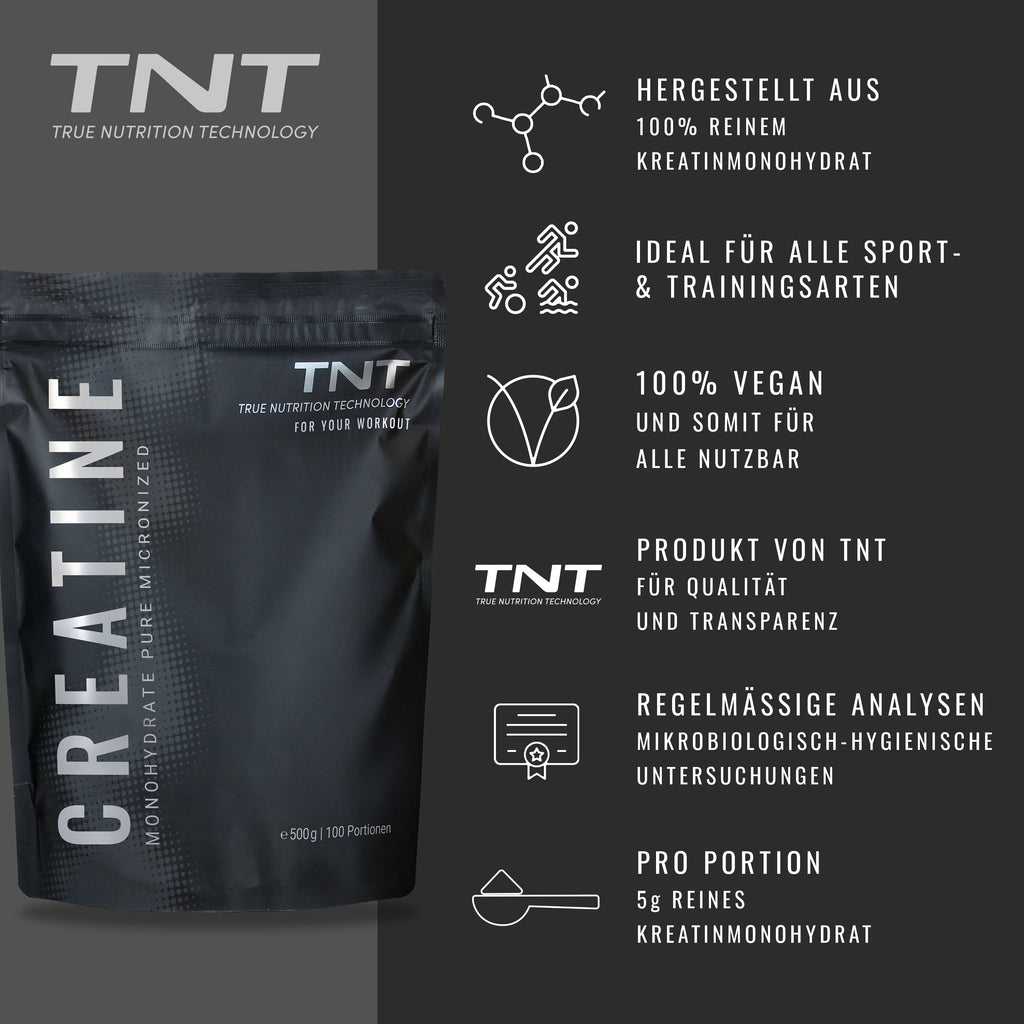 TNT Creatine Pure Micronized – Merkmale: mikronisiert, vegan, ohne Zusätze