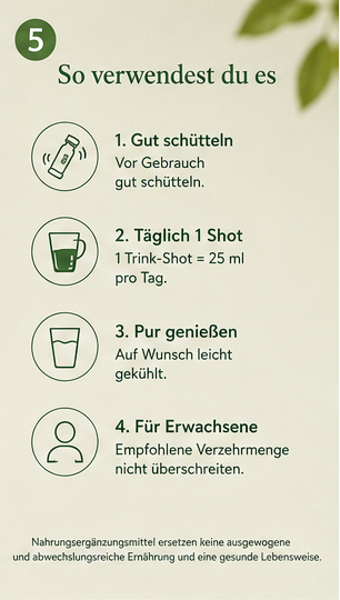Anwendungsinfografik für Vitamin D3+K2 Complex: gut schütteln, täglich 1 Trink-Shot à 25 ml pur genießen.