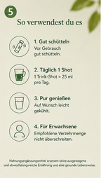 Anwendungsinfografik für Vitamin D3+K2 Complex: gut schütteln, täglich 1 Trink-Shot à 25 ml pur genießen.