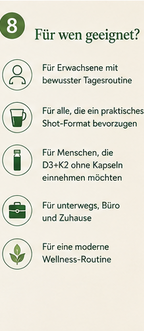 Vitamin D3+K2 Complex geeignet für Erwachsene mit bewusster Tagesroutine, unterwegs, im Büro und für eine moderne Wellness-Routine.