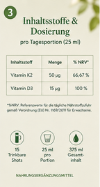 Dosierungsinfografik für Vitamin D3+K2 Complex mit 15 µg Vitamin D3 und 50 µg Vitamin K2 pro 25 ml Tagesportion.