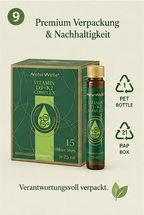 Premium Verpackung von Vitamin D3+K2 Complex mit 15 Trink-Shots à 25 ml, PET-Flasche und PAP-Box, verantwortungsvoll verpackt.