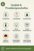 Qualitätsmerkmale von Vitamin D3+K2 Complex: glutenfrei, laktosefrei, alkoholfrei, 15 Trink-Shots, 25 ml pro Portion, Made in Germany.