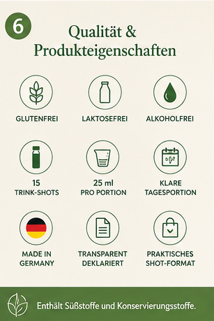 Qualitätsmerkmale von Vitamin D3+K2 Complex: glutenfrei, laktosefrei, alkoholfrei, 15 Trink-Shots, 25 ml pro Portion, Made in Germany.