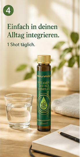 Vitamin D3+K2 Complex Trink-Shot für die tägliche Mikronährstoff-Routine, einfach in den Alltag integrieren, 1 Shot täglich.