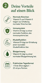 Infografik zu den Vorteilen von Vitamin D3+K2 Complex: unterstützt normale Knochen, Immunsystem, Muskelfunktion und normale Blutgerinnung.